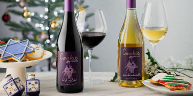 Cookie Cellars Red Velvet and Snickerdoodle wines with holiday themed cookies