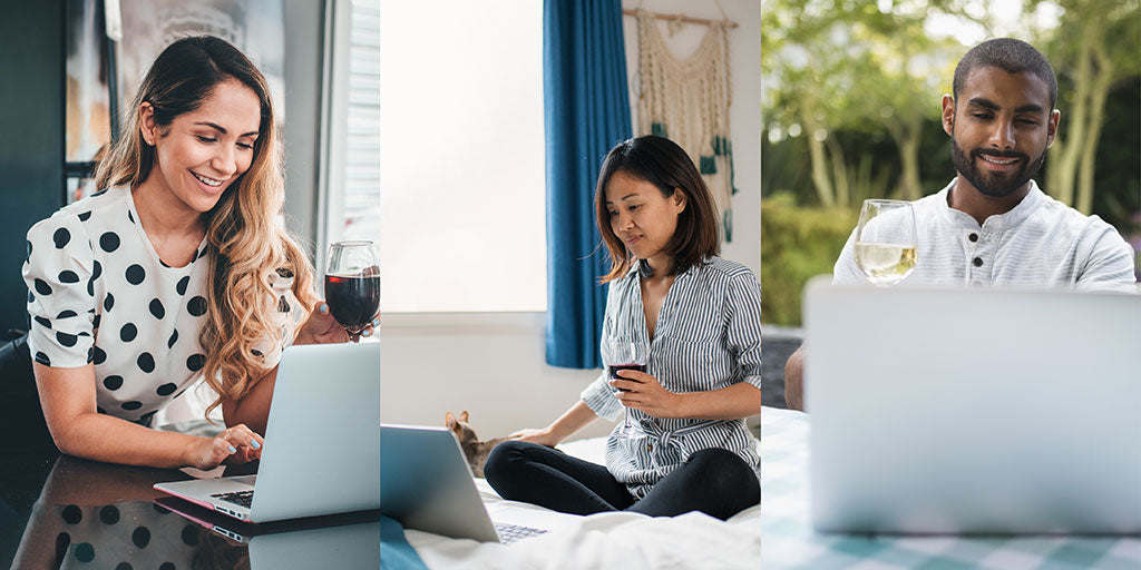 Two women and man on separate laptops, enjoying wine