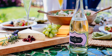 Sparkling wine on table with cheese, fruit, salad and other snacks outdoors