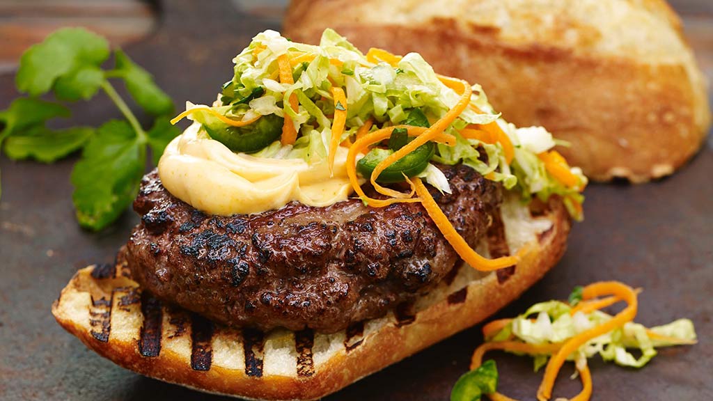 Vietnamese Banh Mi Burger with Sriracha Mayo