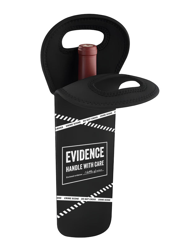 A black neoprene wine bottle carrier with a handle, holding a wine bottle. The carrier features a 'CRIME SCENE DO NOT CROSS' tape design and a central label that reads 'EVIDENCE HANDLE WITH CARE'.