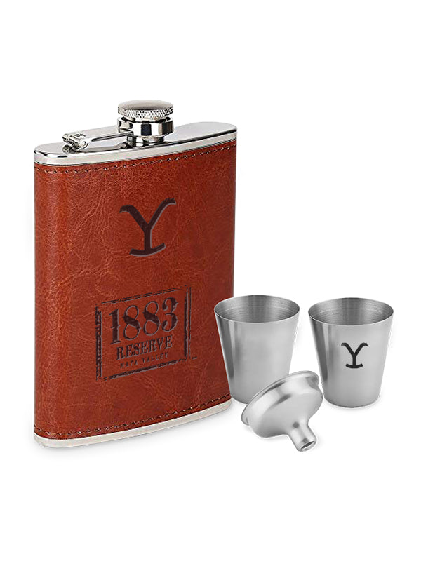 Yellowstone Brown Leather Flask with Shot Glasses