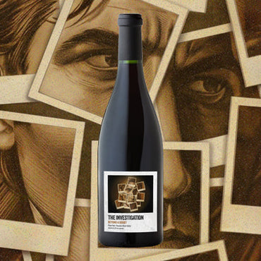 Wine bottle labeled 'The Investigation' with artistic background