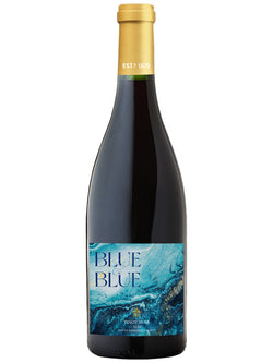 A bottle of Blue & Blue Red Blend Non-Alcoholic wine with a dark glass body, a gold foil capsule, and a blue and white textured label.