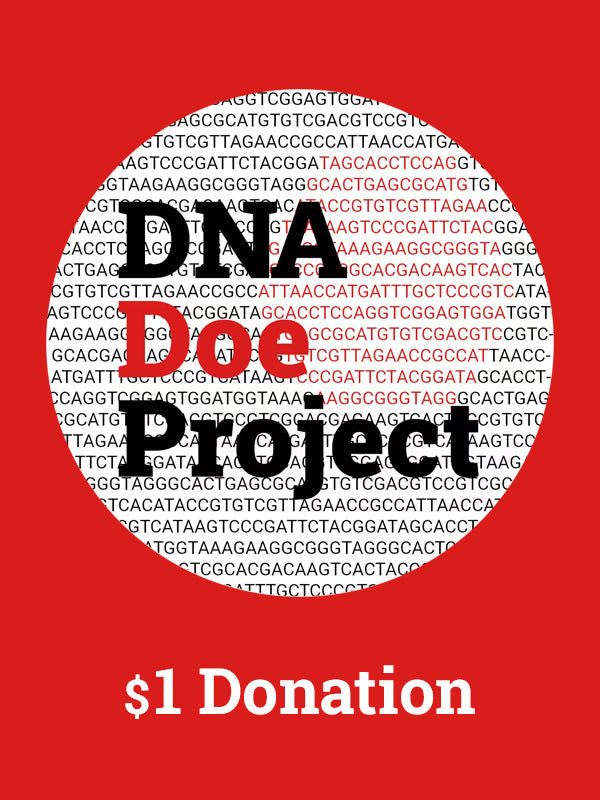 Red background with 'DNA Doe Project' text and genetic code, asking for a $1 donation.