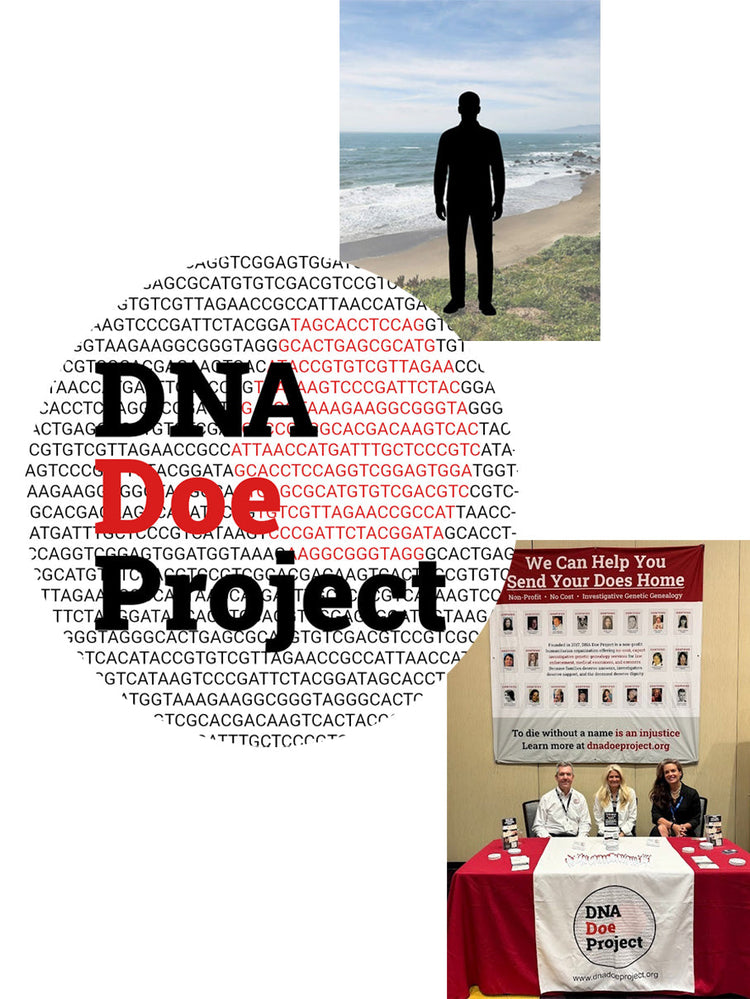 Promotional poster for the DNA Doe Project with text, a silhouette, and a meeting scene.
