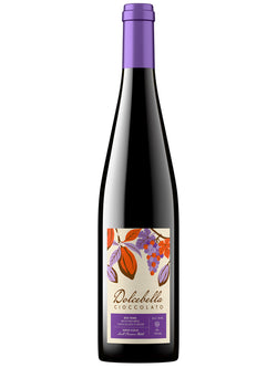 A bottle of Dolcebello Cioccolato dark chocolate wine with a purple foil capsule and a cream-colored label featuring purple and orange illustrations, set against a plain white background.