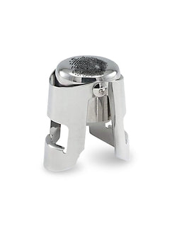 A polished stainless steel Champagne stopper with a fingerprint design on a circular top, shown on a clean white background.