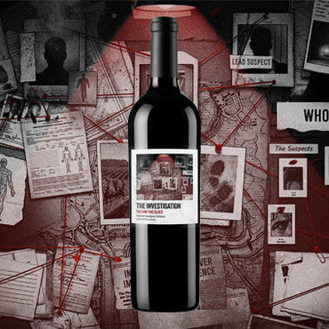 Wine bottle labeled 'The Investigation' on a background resembling a detective's office with maps and photos.