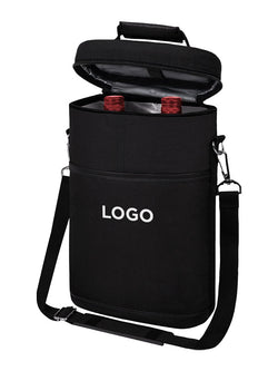A black insulated wine carrier bag with an open top, shown on a plain white background. The bag has a front pocket with the word 'LOGO' printed in white, and two red-capped bottles partially visible inside.
