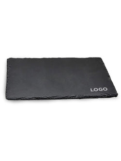 Slate charcuterie board with "LOGO" in the bottom right corner, on a white background