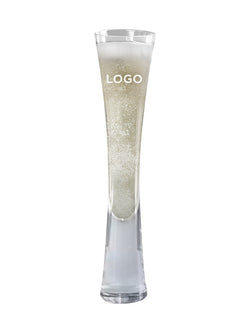 A tall, slender clear glass with a flared base, shown on a plain white background. The glass is filled with a pale golden bubbly liquid and has the word 'LOGO' printed near the top.
