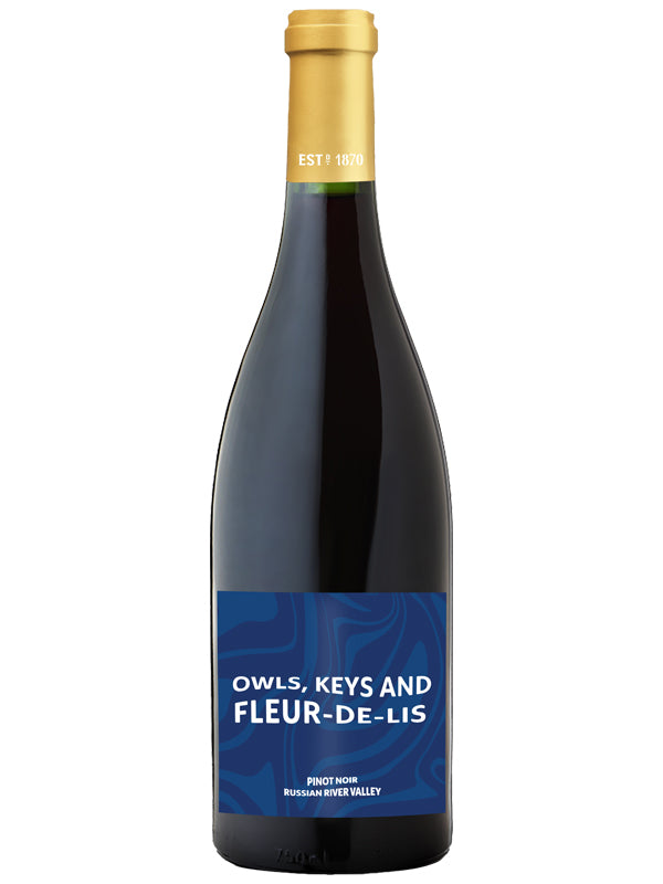 A bottle of Owls, Keys and Fleur-de-Lis Pinot Noir from the Russian River Valley, featuring a dark glass bottle with a gold foil top and a blue label with white text.