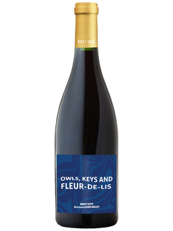 A bottle of Owls, Keys and Fleur-de-Lis Pinot Noir from the Russian River Valley, featuring a dark glass bottle with a gold foil top and a blue label with white text.