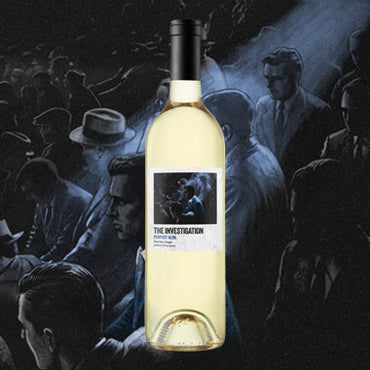 Wine bottle labeled 'The Investigation' with a black and white illustration in the background