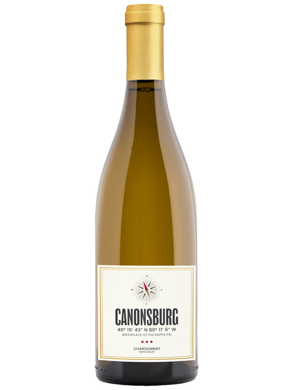 A bottle of Canonsburg Chardonnay white wine with a gold foil capsule and a cream-colored label, shown on a plain white background.