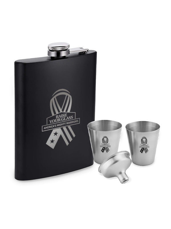 Raise Your Glass AMW Black Flask with Shot Glasses