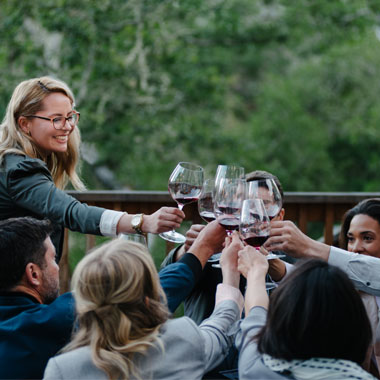 Group of friends cheersing with wine outdoors