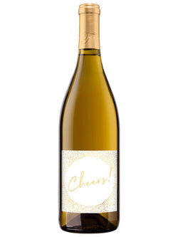 Wine bottle with a 'Cheers!' label on a white background