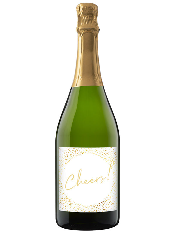 Bottle of champagne with a 'Cheers!' label on a white background