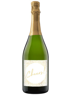 Bottle of champagne with a 'Cheers!' label on a white background