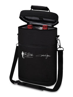 Black wine cooler bag with red wine bottles on a white background