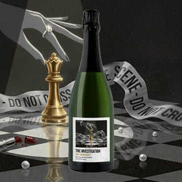 Bottle of wine labeled 'The Investigation' on a chessboard with game pieces and text.