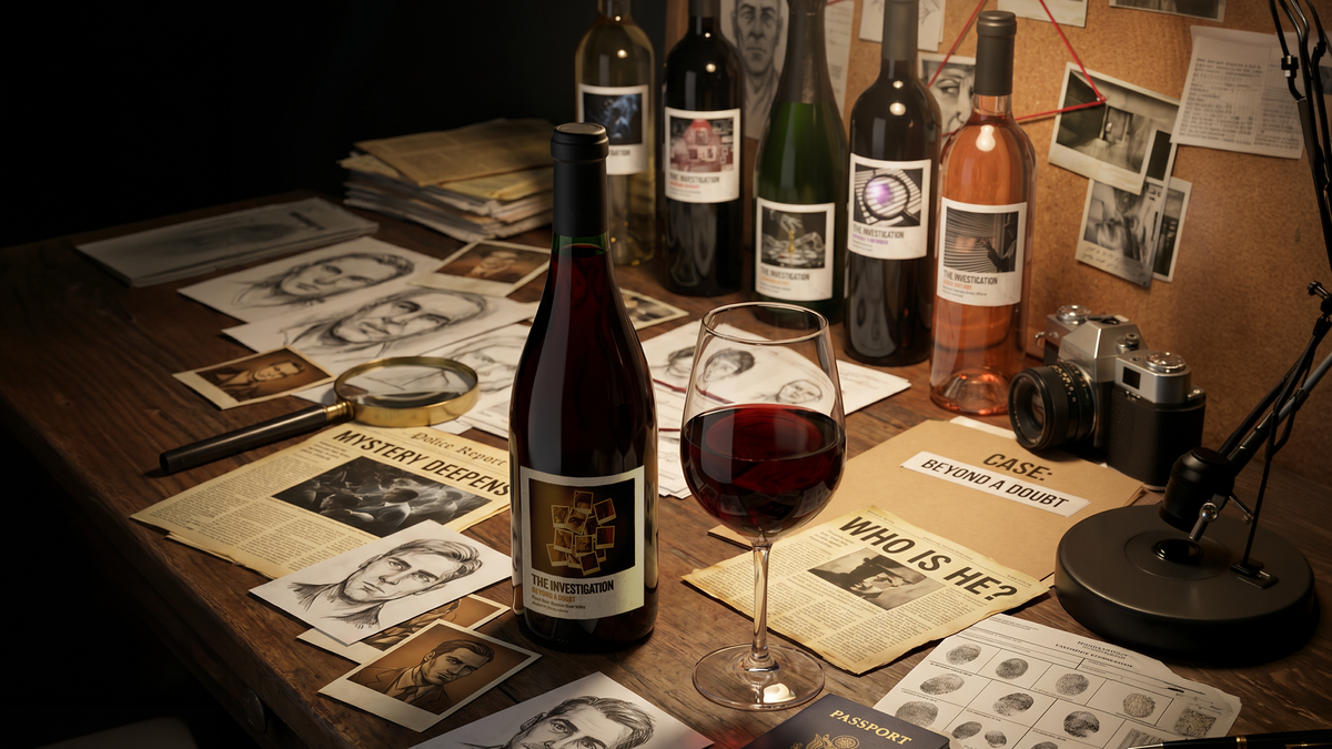 Wine bottles and a glass on a table with vintage photos and documents.
