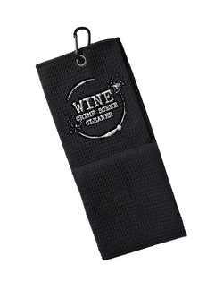 A black textured microfiber cleaning cloth with a metal carabiner at the top, featuring a distressed white circular logo that reads 'WINE CRIME SCENE CLEANER'.