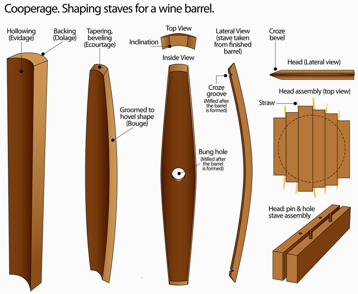 Shaping staves for oak wine barrel