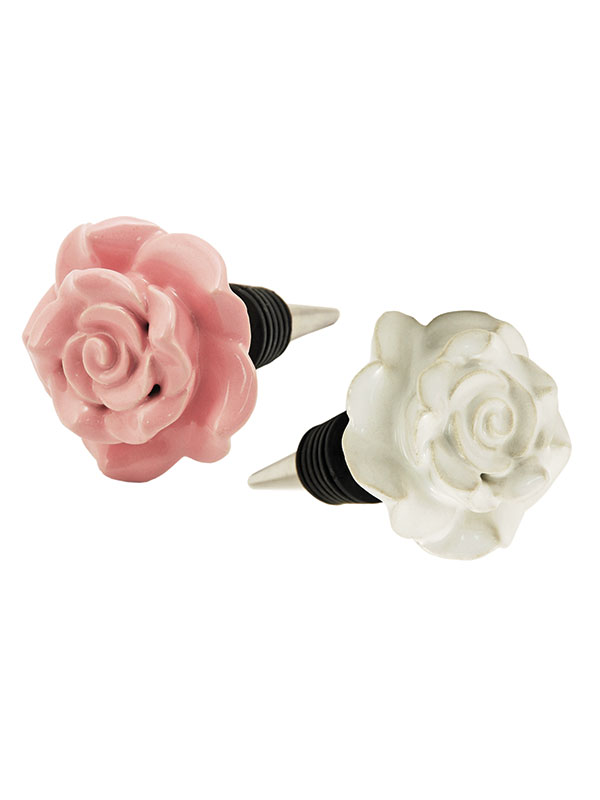 Pink & White Ceramic Rose Wine Stoppers (Set of 2)