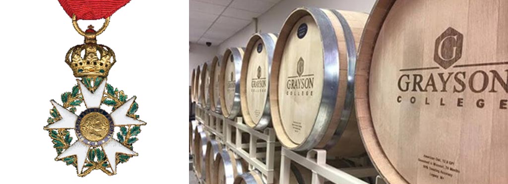 French Legion of Honor medal & Grayson College wine barrels
