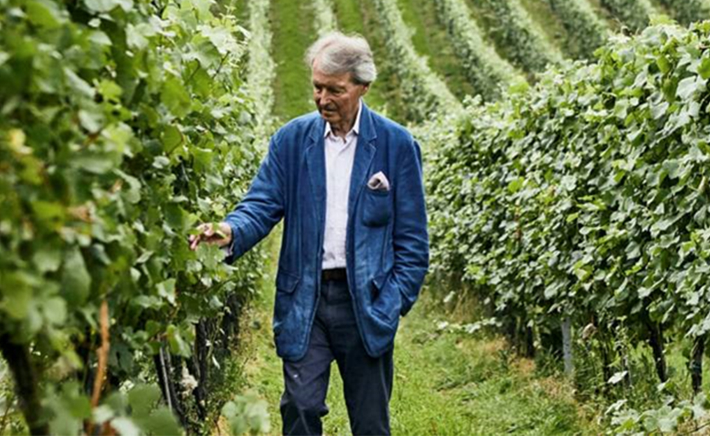 Steven Spurrier observing wine leaves in a vineyard