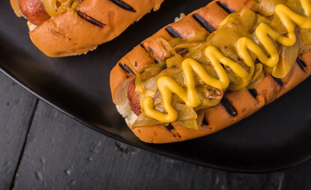 Grilled Hot Dogs with Beer Mustard Onions