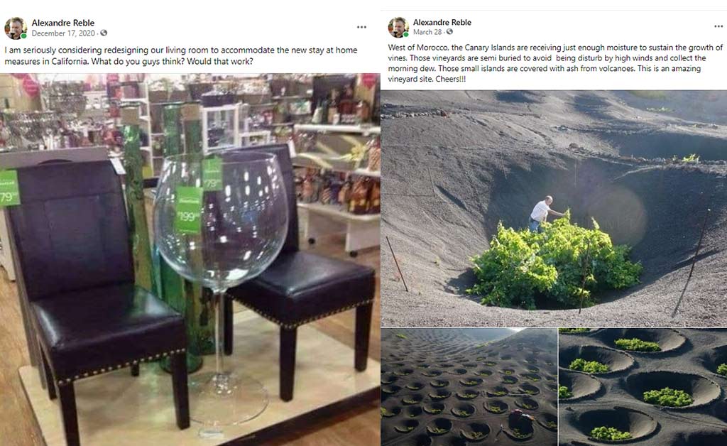Alex's Facebook posts about wine furniture and the Canary Islands