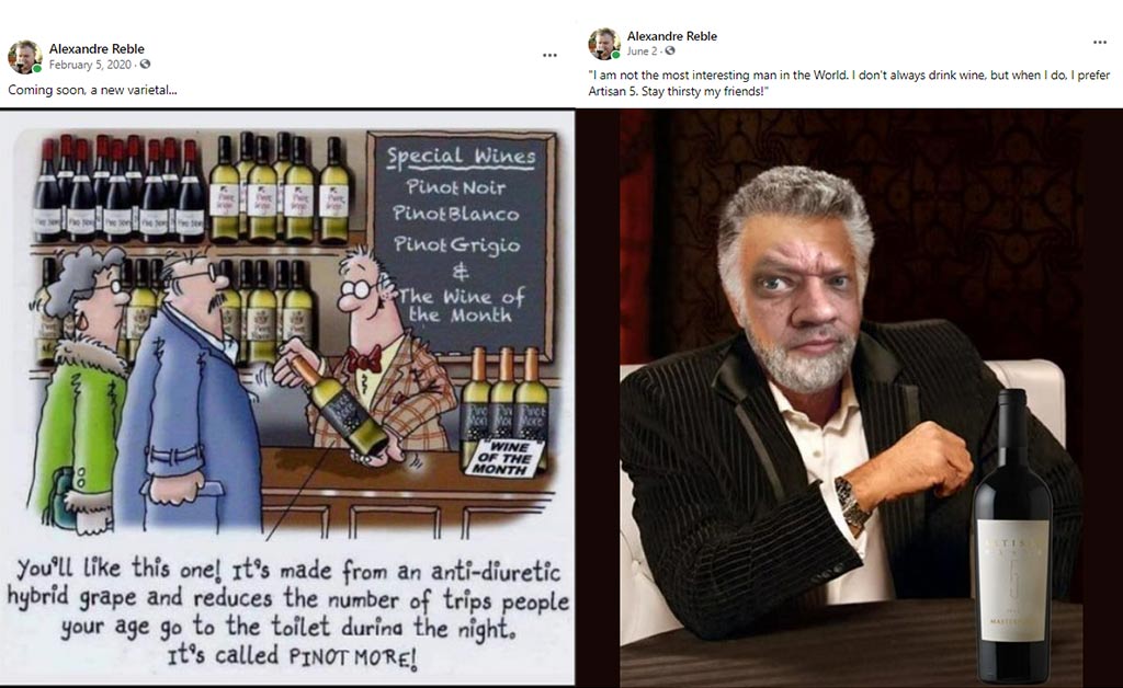 Alex's Facebook posts about a new varietal in comic format and as tehe most interesting man in the world